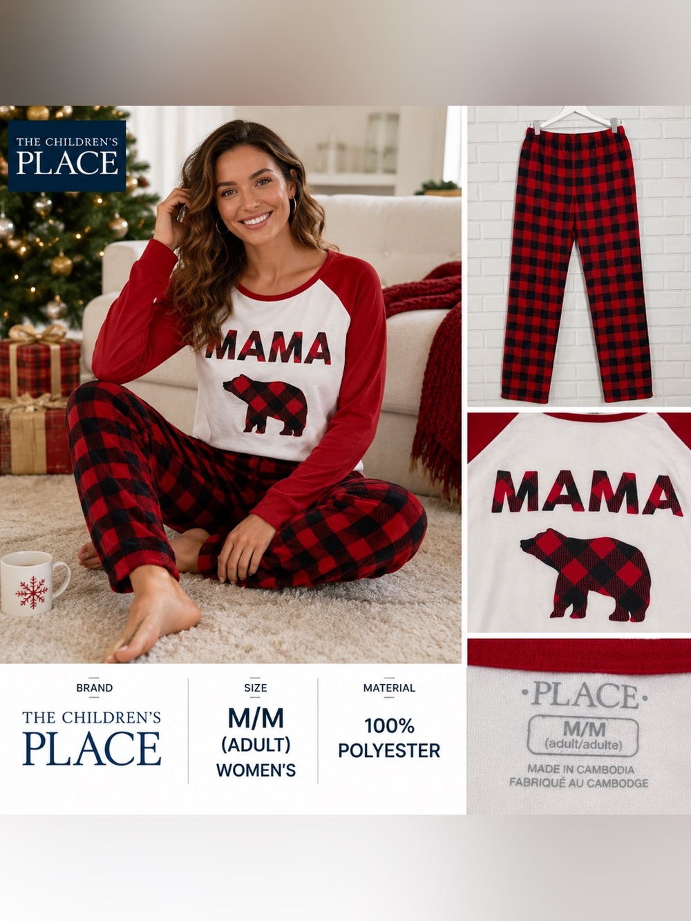 The Children’s Place Women’s M Mama Bear Buffalo Plaid Pajama Set Red Black NWT